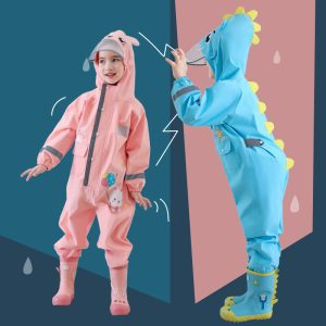 Childrens One-Piece Raincoat Elementary School Dinosaur Rain Pants Suit Full Body Protection Against Rainstorm