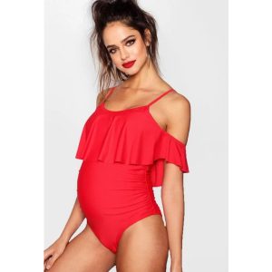 One-piece Swimsuit One-shoulder Ruffled Solid Color Maternity Swimsuit