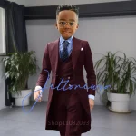 Khaki Long Tail Coat 3 Piece Gentleman Boys Suits Fashion Tuxedo for  Kids Wedding Prom Jacket Waistcoat with Pant – Image 4